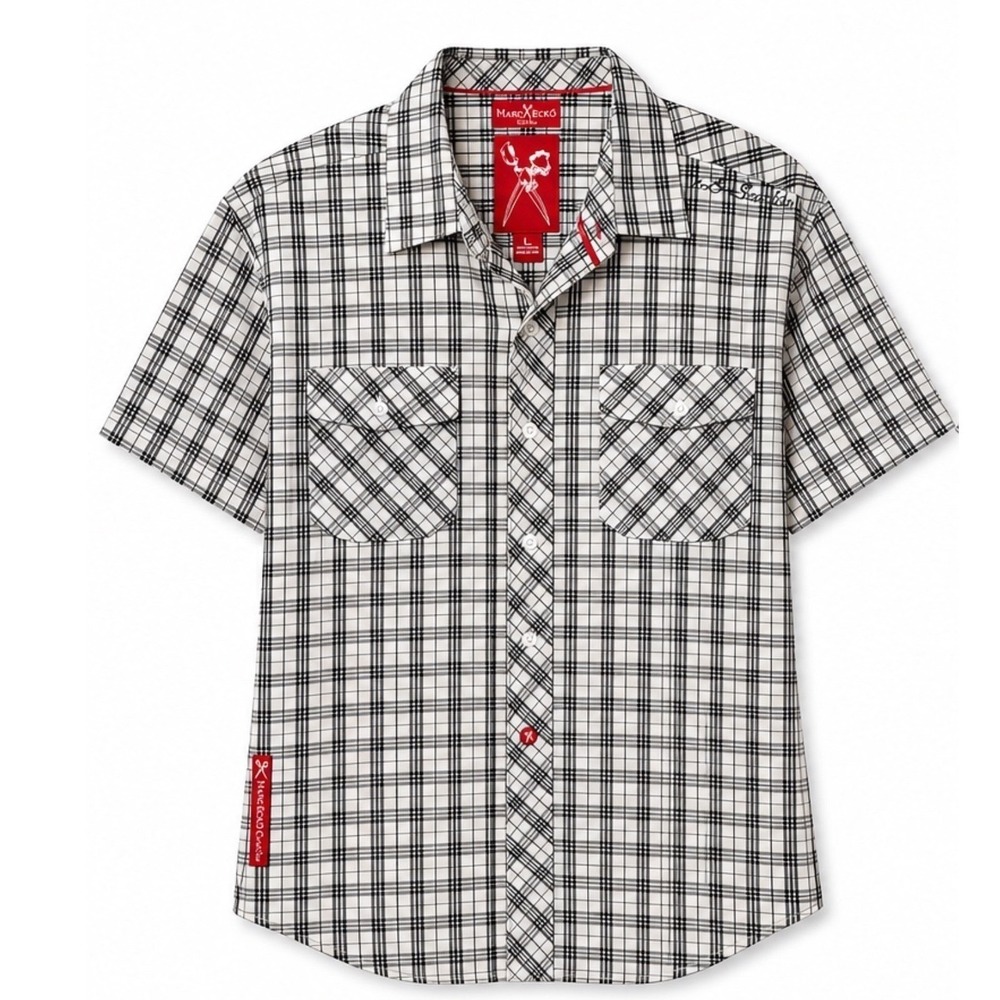Marc Ecko Cut & Sew Mens Plaid Short Sleeve Button Down Shirt Black White Y2K L